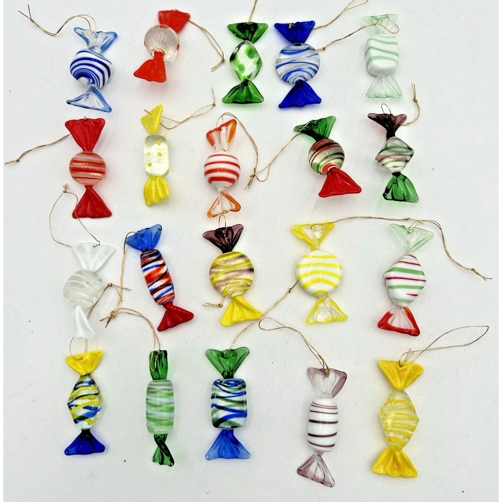 Colorful Art Glass Murano Style Hand Blown Wrapped Candy Christmas Ornaments